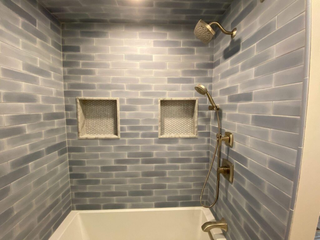 Niche blue tile installed in Morristown, NJ bathroom